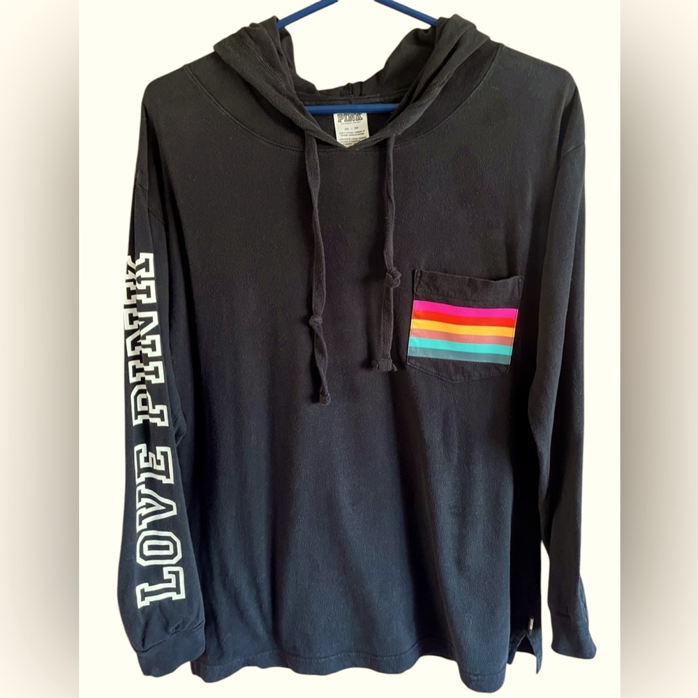 PINK Victoria's Secret Black Hoodie with Rainbow Pocket